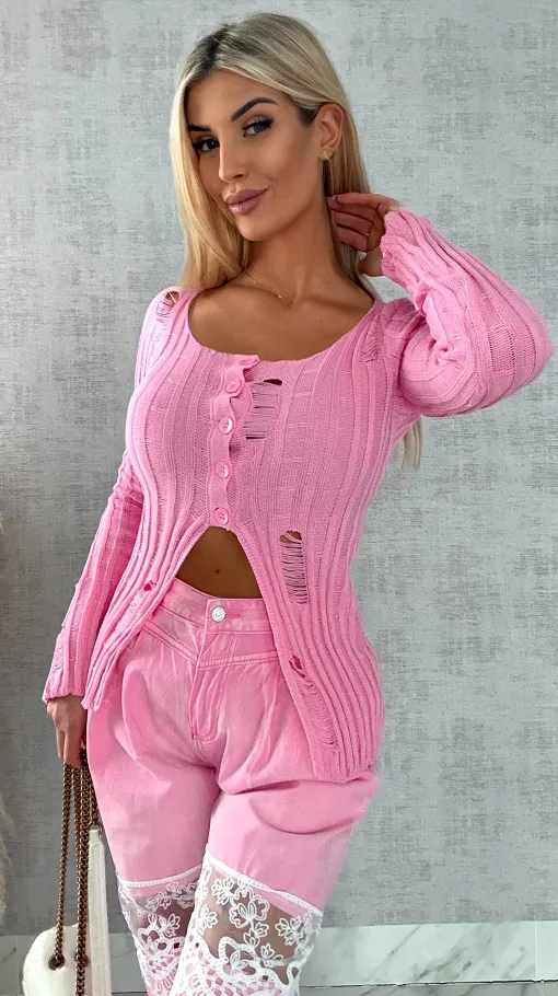 Drapany sweter z guzikami ONE SIZE różowy - R492