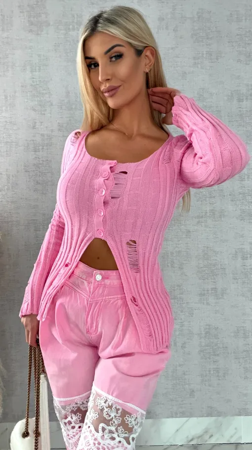 Drapany sweter z guzikami ONE SIZE różowy - R492