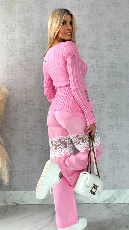 Drapany sweter z guzikami ONE SIZE różowy - R492