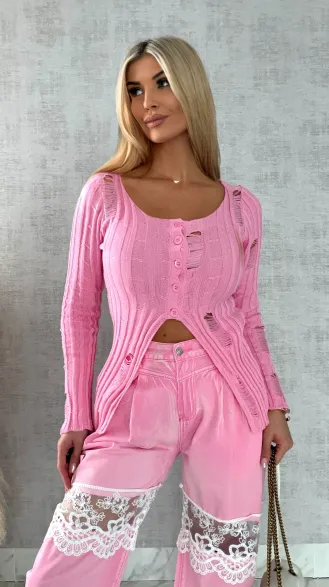 Drapany sweter z guzikami ONE SIZE różowy - R492