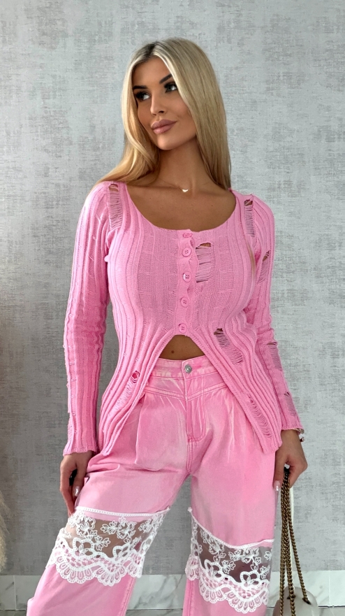 Drapany sweter z guzikami ONE SIZE różowy - R492