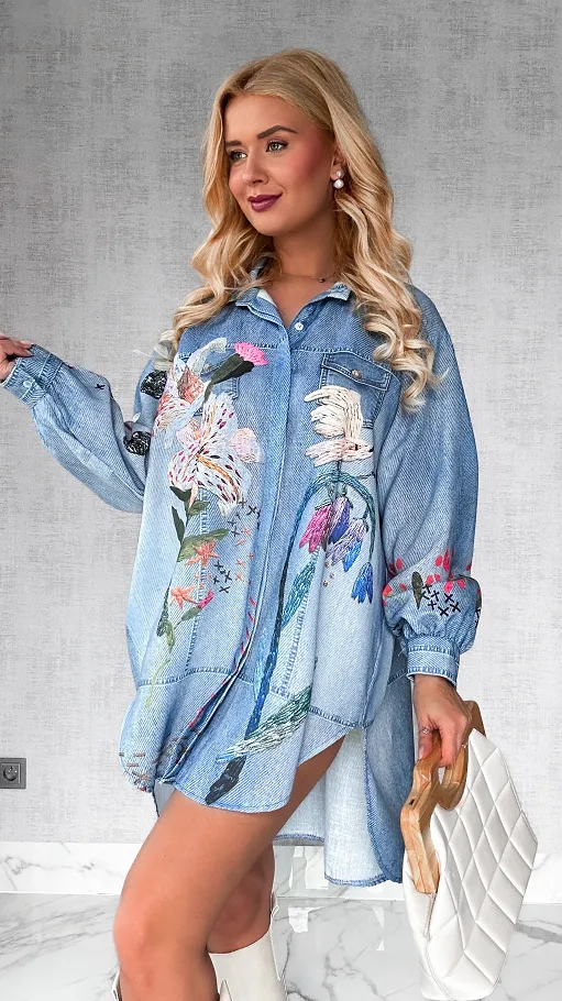 Długa asymetryczna lniana koszula w jeansowym wzorze OVERSIZE - P326
