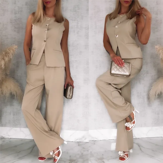 Beżowy elegancki komplet na wiosnę kamizelka + spodnie - R836A