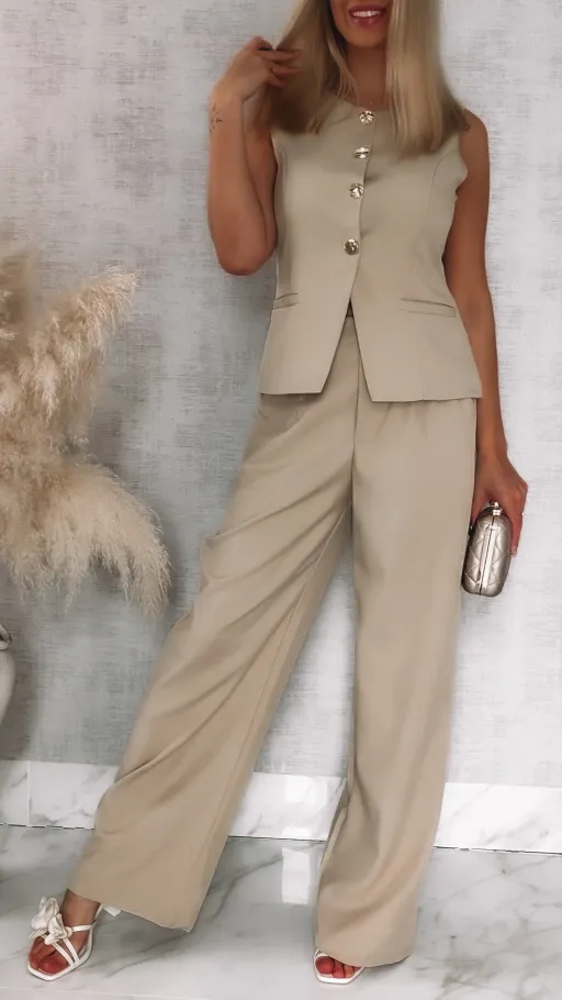 Beżowy elegancki komplet na wiosnę kamizelka + spodnie - R836A