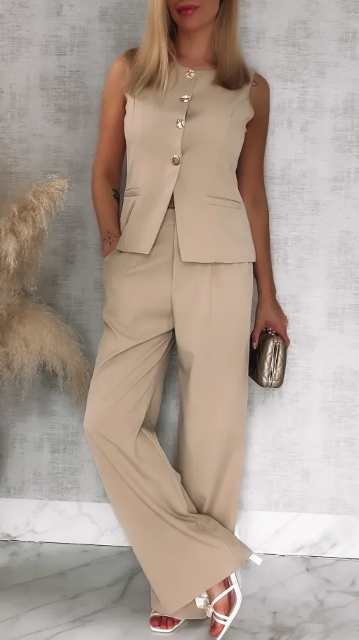 Beżowy elegancki komplet na wiosnę kamizelka + spodnie - R836A