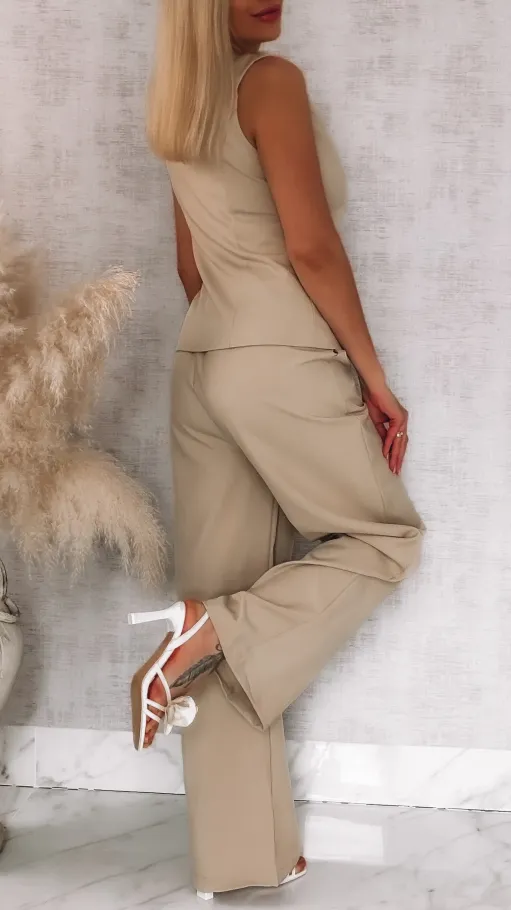 Beżowy elegancki komplet na wiosnę kamizelka + spodnie - R836A