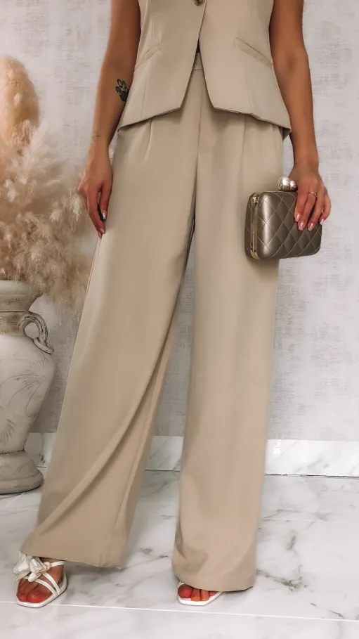 Beżowy elegancki komplet na wiosnę kamizelka + spodnie - R836A