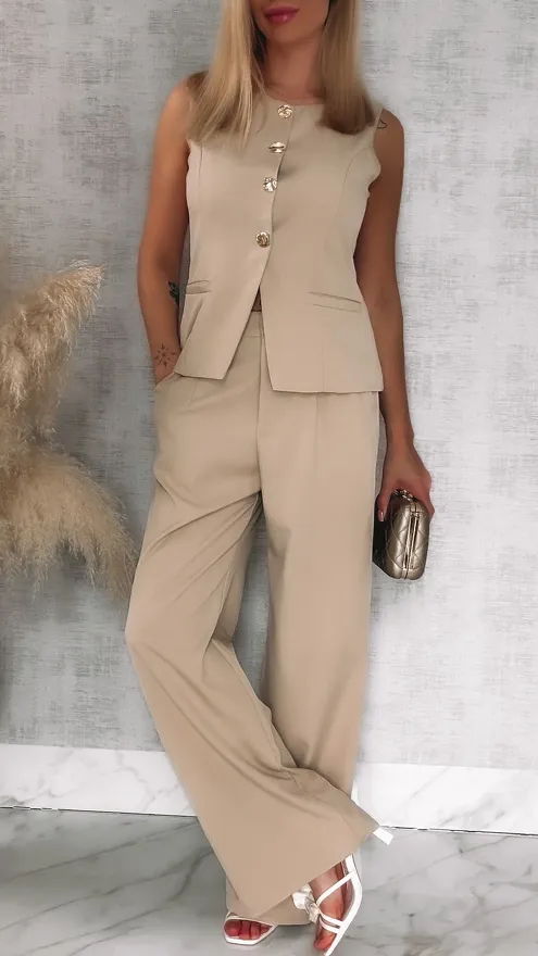Beżowy elegancki komplet na wiosnę kamizelka + spodnie - R836A
