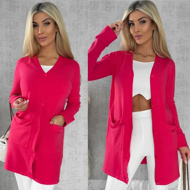 Malinowy dzianinowy kardigan z kieszeniami ONE SIZE - R518