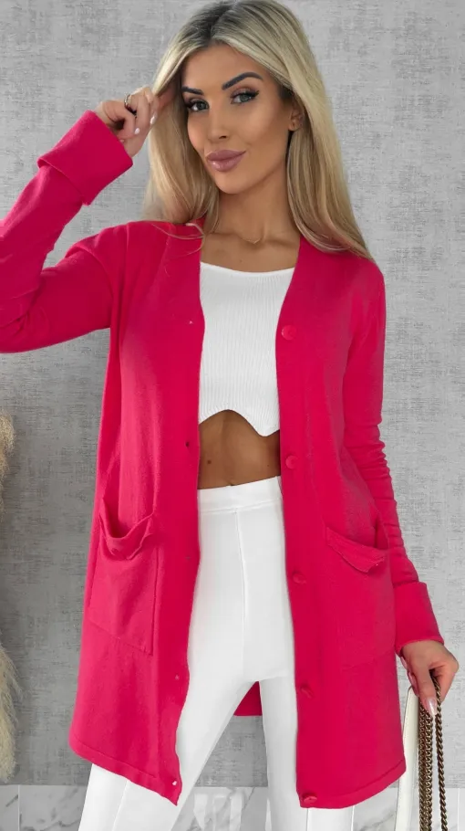 Malinowy dzianinowy kardigan z kieszeniami ONE SIZE - R518