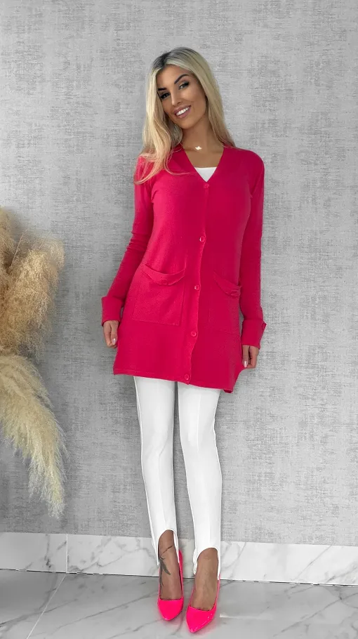 Malinowy dzianinowy kardigan z kieszeniami ONE SIZE - R518