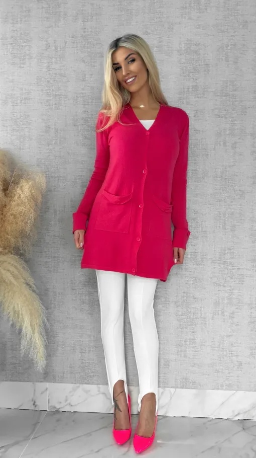 Malinowy dzianinowy kardigan z kieszeniami ONE SIZE - R518