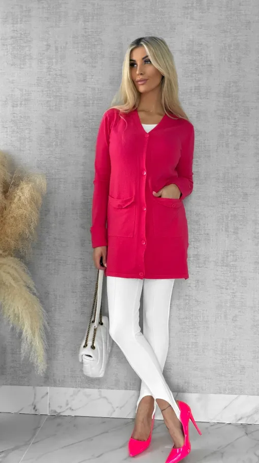 Malinowy dzianinowy kardigan z kieszeniami ONE SIZE - R518