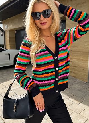 Modny sweter na guziki w kolorowe paski z wiskozą CZARNY - M169B