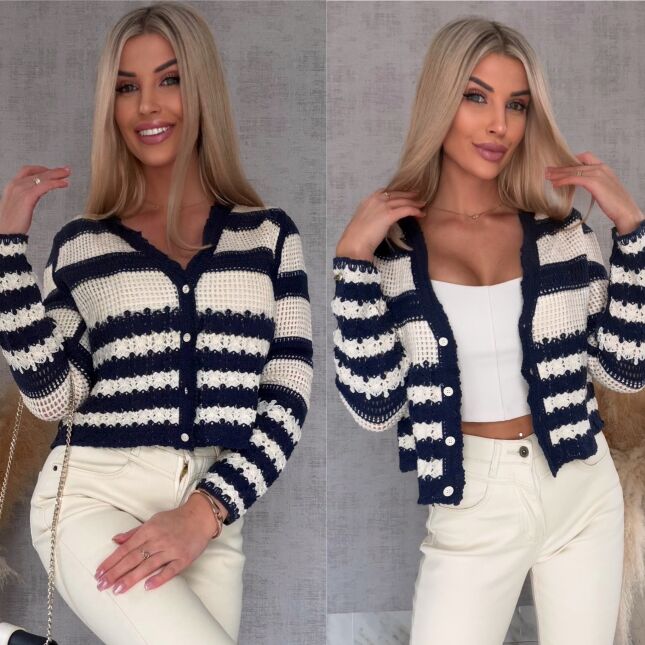 Szydełkowy sweter zapinany na guziki z granatem ONE SIZE - R745