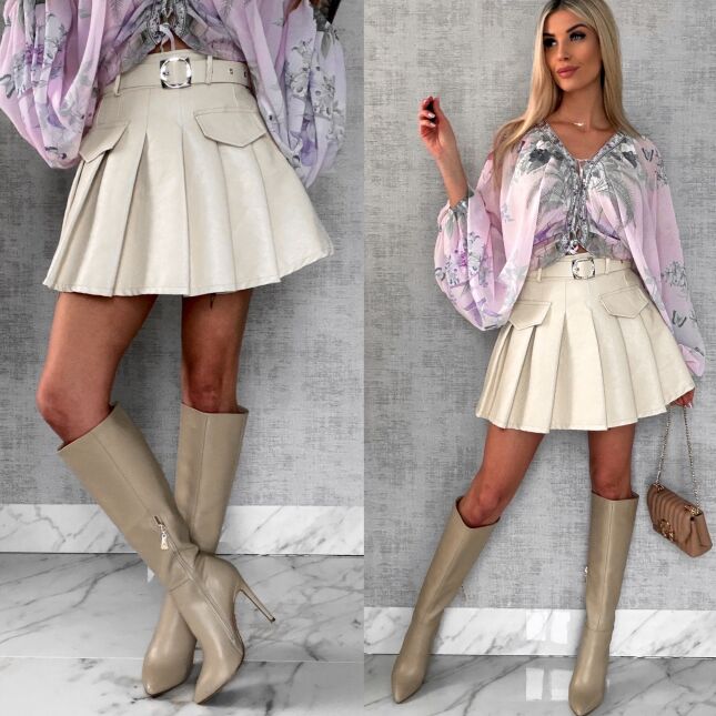 Skórzana spódniczka z plisowaniem + pasek JASNY BEŻ - R588