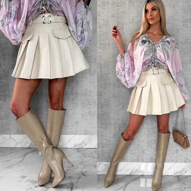 Skórzana spódniczka z plisowaniem + pasek JASNY BEŻ - R588