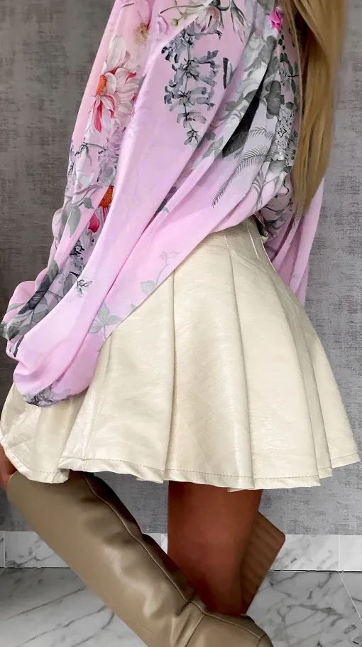 Skórzana spódniczka z plisowaniem + pasek JASNY BEŻ - R588