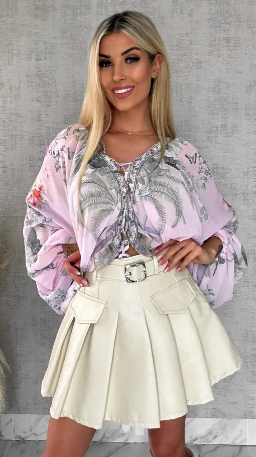 Skórzana spódniczka z plisowaniem + pasek JASNY BEŻ - R588