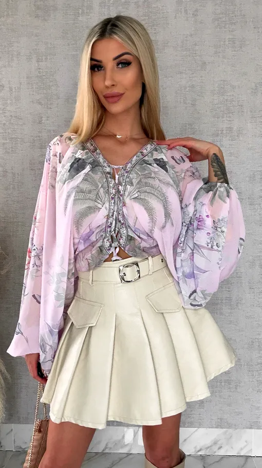 Skórzana spódniczka z plisowaniem + pasek JASNY BEŻ - R588