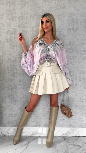 Skórzana spódniczka z plisowaniem + pasek JASNY BEŻ - R588