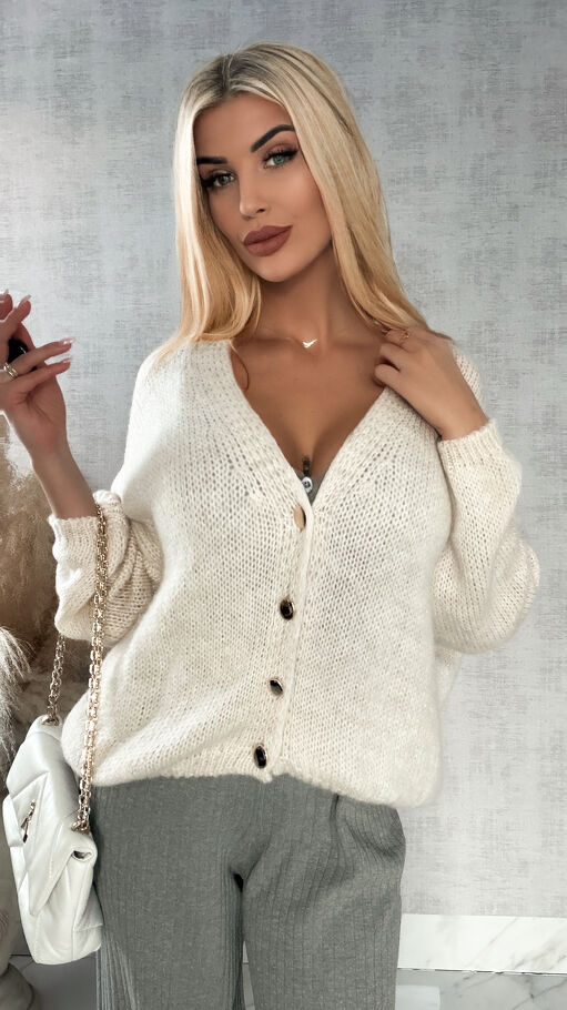 Lekki puszysty sweter na guziki JASNY BEŻ - P148A