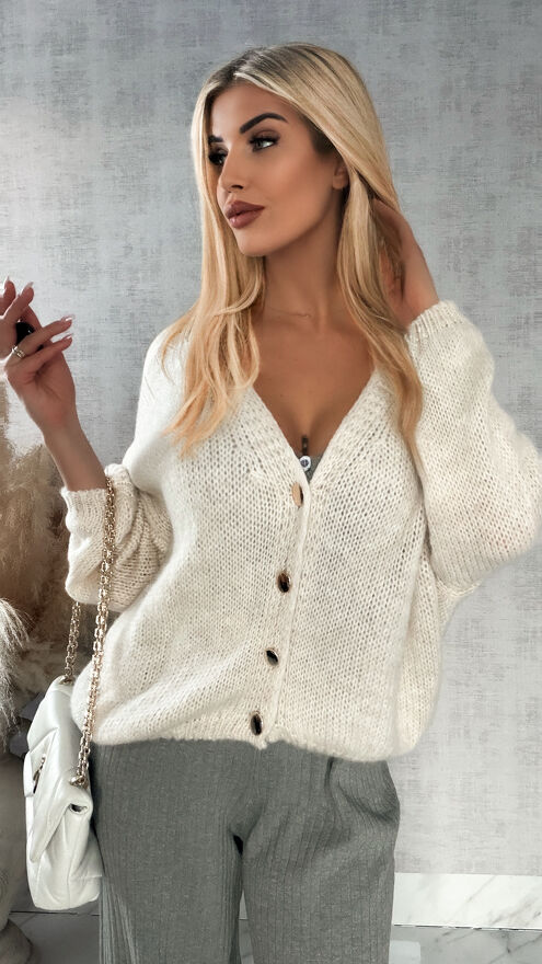 Lekki puszysty sweter na guziki JASNY BEŻ - P148A