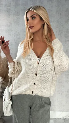 Lekki puszysty sweter na guziki JASNY BEŻ - P148A