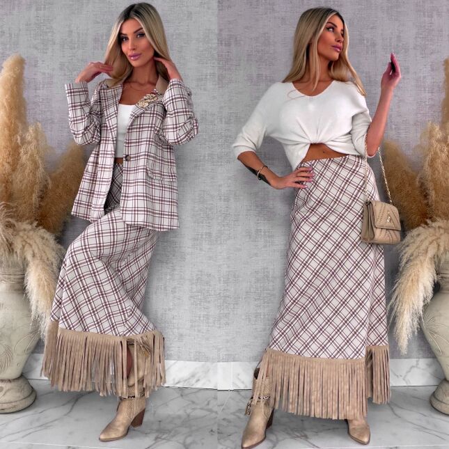 Elegancka spódnica w kratkę BEIGE z frędzlami ONE SIZE - R524A