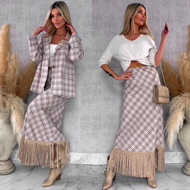 Elegancka spódnica w kratkę BEIGE z frędzlami ONE SIZE - R524A
