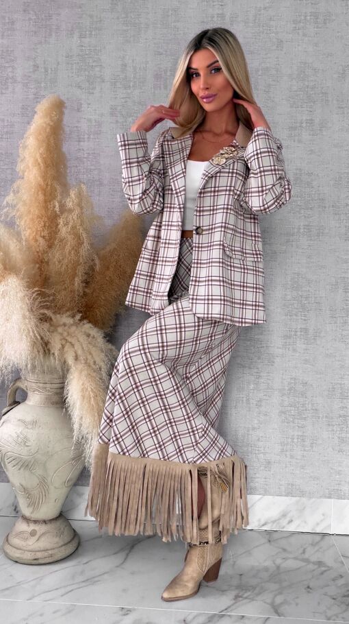 Elegancka spódnica w kratkę BEIGE z frędzlami ONE SIZE - R524A