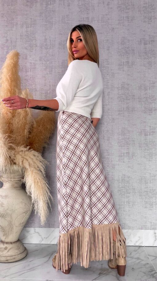 Elegancka spódnica w kratkę BEIGE z frędzlami ONE SIZE - R524A
