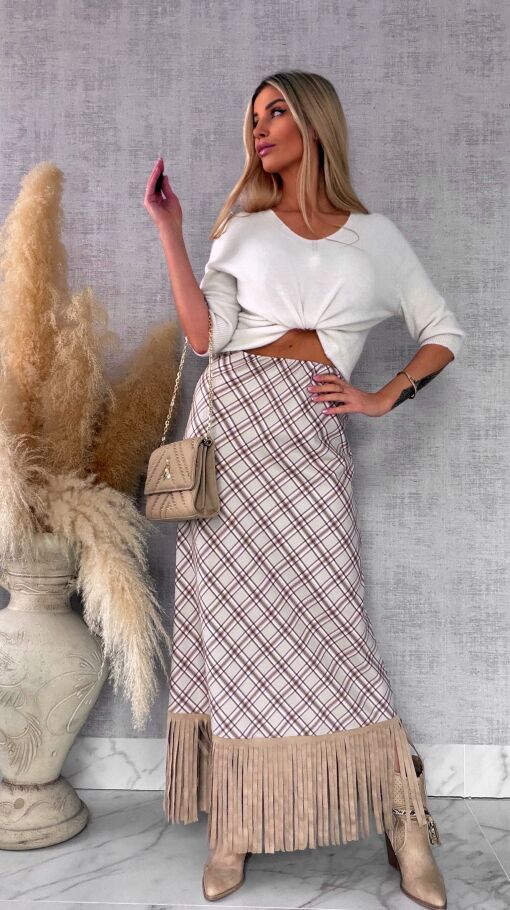 Elegancka spódnica w kratkę BEIGE z frędzlami ONE SIZE - R524A