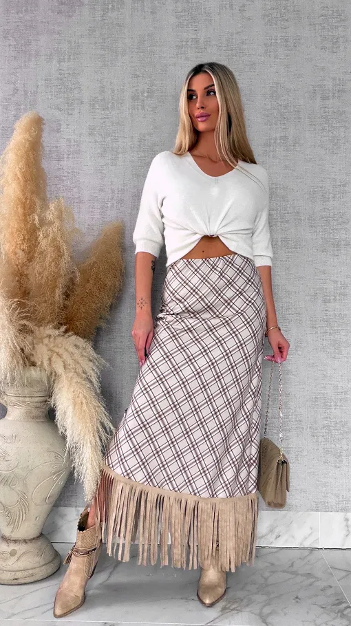 Elegancka spódnica w kratkę BEIGE z frędzlami ONE SIZE - R524A