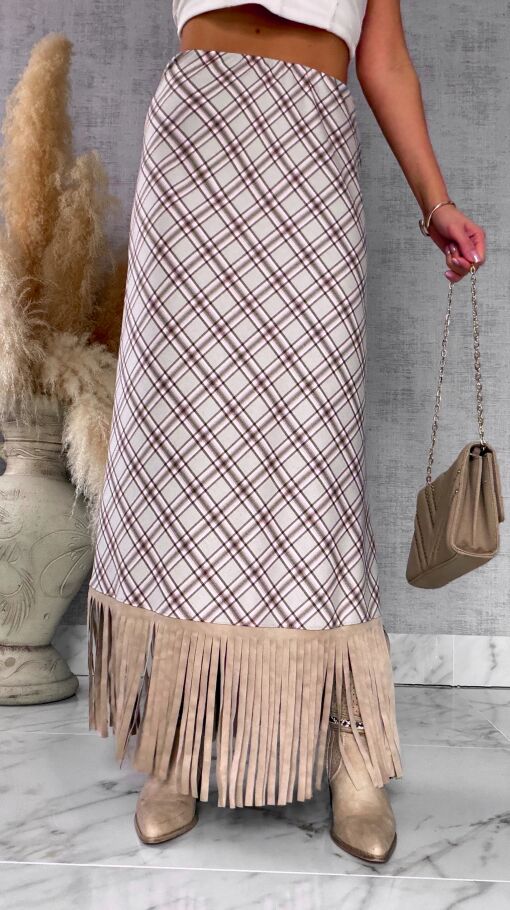 Elegancka spódnica w kratkę BEIGE z frędzlami ONE SIZE - R524A