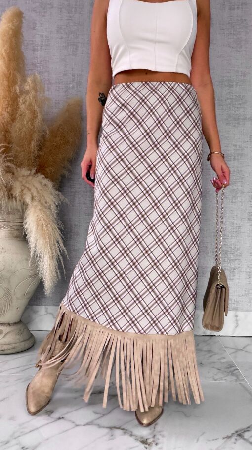 Elegancka spódnica w kratkę BEIGE z frędzlami ONE SIZE - R524A