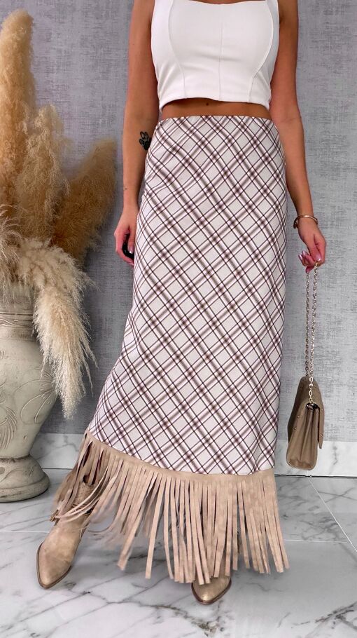Elegancka spódnica w kratkę BEIGE z frędzlami ONE SIZE - R524A