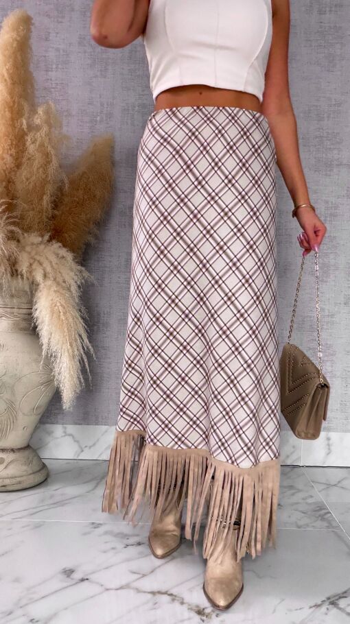 Elegancka spódnica w kratkę BEIGE z frędzlami ONE SIZE - R524A
