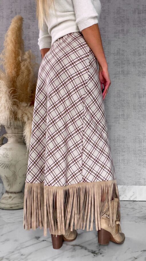 Elegancka spódnica w kratkę BEIGE z frędzlami ONE SIZE - R524A