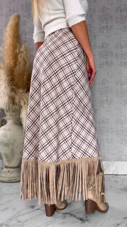 Elegancka spódnica w kratkę BEIGE z frędzlami ONE SIZE - R524A