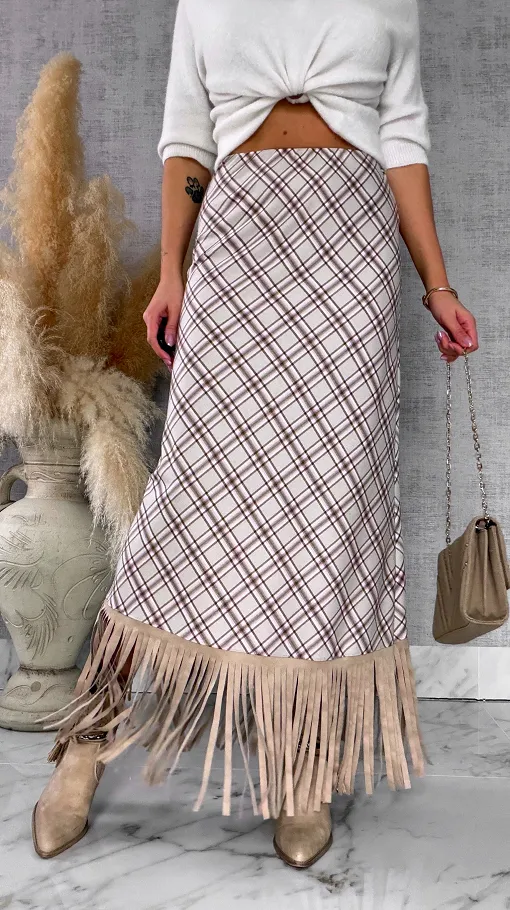 Elegancka spódnica w kratkę BEIGE z frędzlami ONE SIZE - R524A