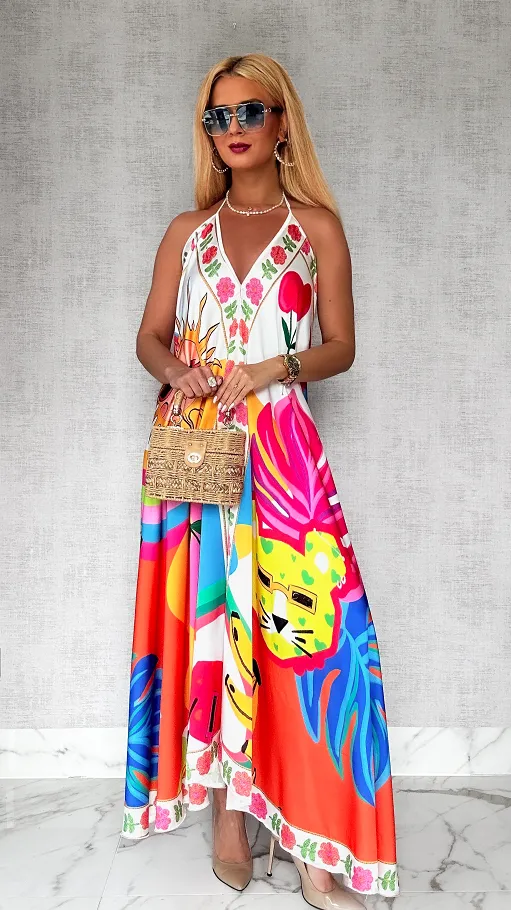 Luźna wakacyjna MAXI sukienka w kolorowe motywy ONE SIZE - P775
