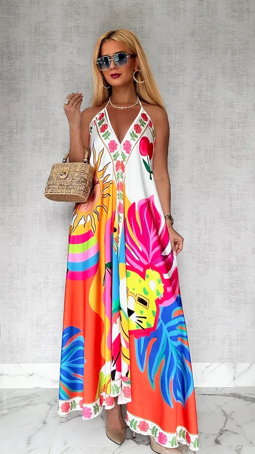Luźna wakacyjna MAXI sukienka w kolorowe motywy ONE SIZE - P775