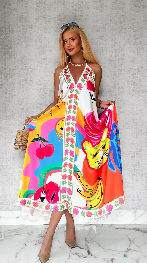 Luźna wakacyjna MAXI sukienka w kolorowe motywy ONE SIZE - P775