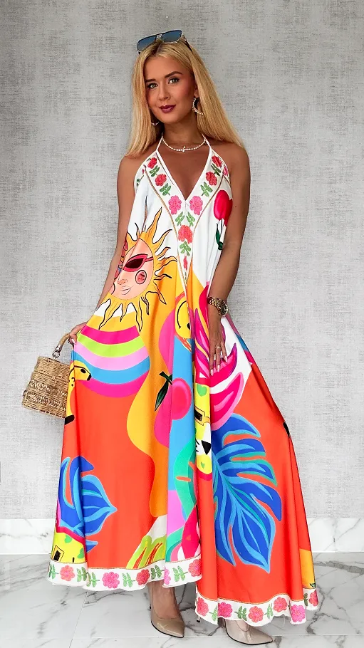Luźna wakacyjna MAXI sukienka w kolorowe motywy ONE SIZE - P775