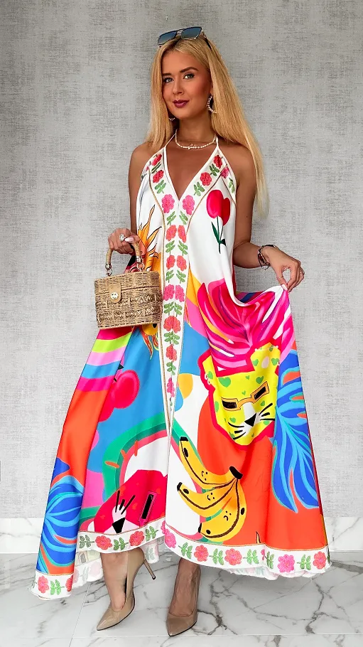 Luźna wakacyjna MAXI sukienka w kolorowe motywy ONE SIZE - P775