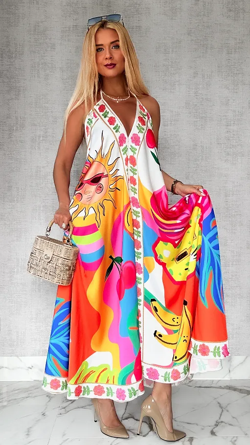 Luźna wakacyjna MAXI sukienka w kolorowe motywy ONE SIZE - P775