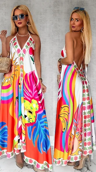 Luźna wakacyjna MAXI sukienka w kolorowe motywy ONE SIZE - P775