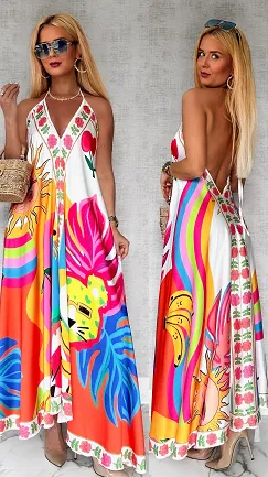 Luźna wakacyjna MAXI sukienka w kolorowe motywy ONE SIZE - P775