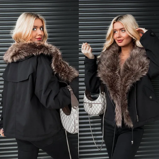 Czarna bawełniana ocieplana kurtka zimowa z futerkiem ONE SIZE - R207